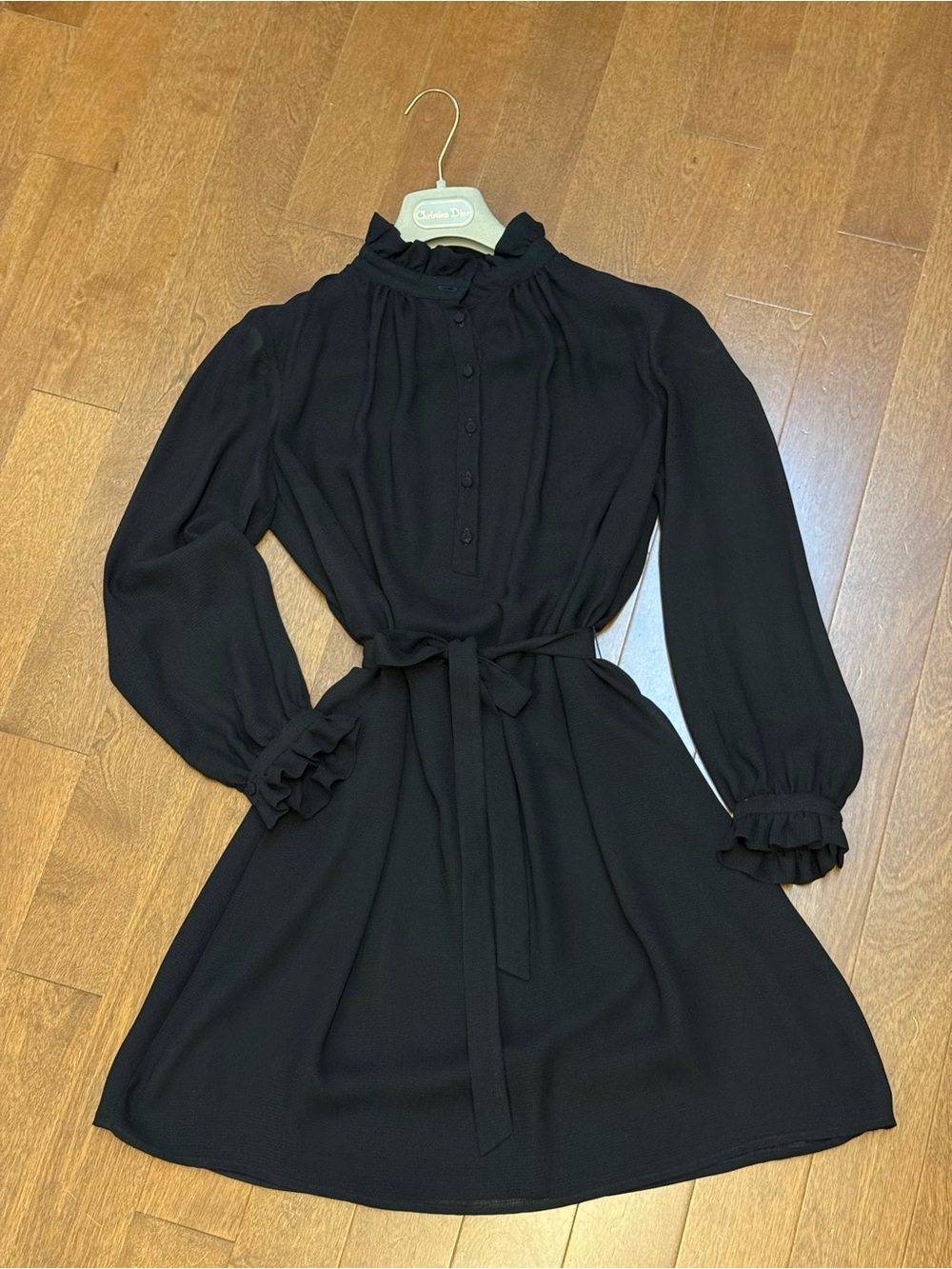 Claudie Pierlot Black Long-Sleeve Ruffle Neck Belted Dress